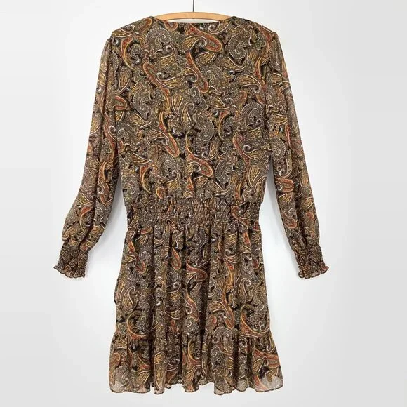 Michael Kors Mini Dress Size Large Black & Multicolor Paisley Sheer Long Sleeve - Picture 2 of 4